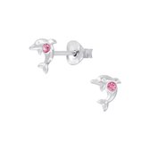 Joy|S - Zilveren petit dolfijn oorbellen - 6 x 5 mm - kristal roze - kinderoorbellen