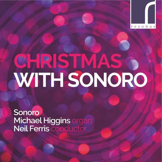Voorzijde cd-hoes van "Christmas with Sonoro" met de titel, artiesten en een achtergrond van roze en paarse bokeh-lichtjes.