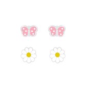 Joy|S - Zilveren oorbellen - set 2 paar - vlinder oorbellen - bloem oorbellen