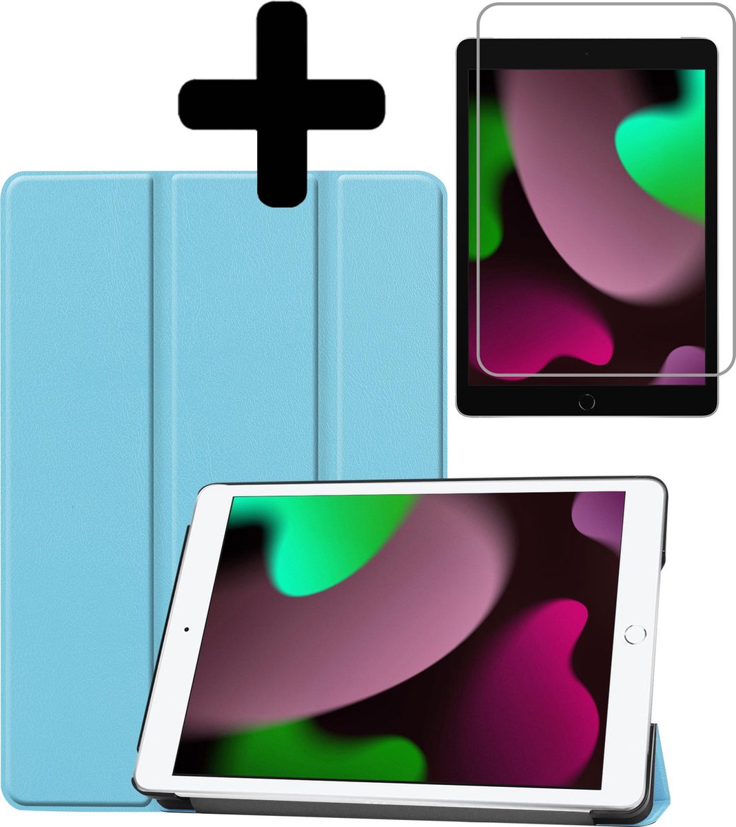 Hoes Geschikt voor iPad 10.2 2021 Hoes Luxe Hoesje Book Case Met Screenprotector - Hoesje Geschikt voor iPad 9 Hoes Cover - Lichtblauw