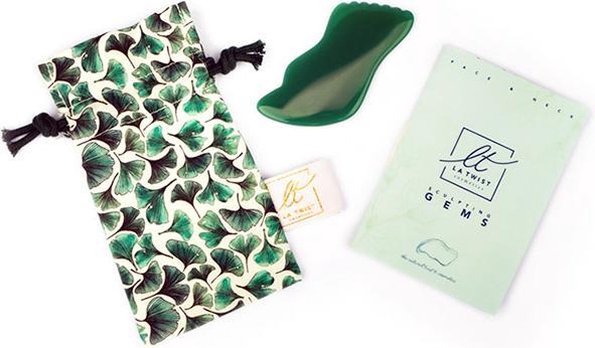 La Twist Green Lagoon - Gua Sha - Gezichtsmassage - Jade Kristal - Handgemaakt Zakje - Met Beschrijving