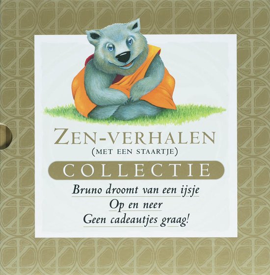 Grijze beer in oranje monnikspij zit op gras met de tekst ZEN-VERHALEN COLLECTIE.