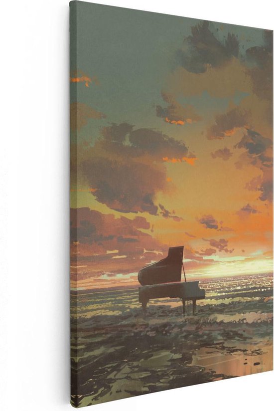 Artaza Canvas Schilderij Piano op het Strand bij Zonsondergang - 20x30 - Klein - Foto Op Canvas - Canvas Print