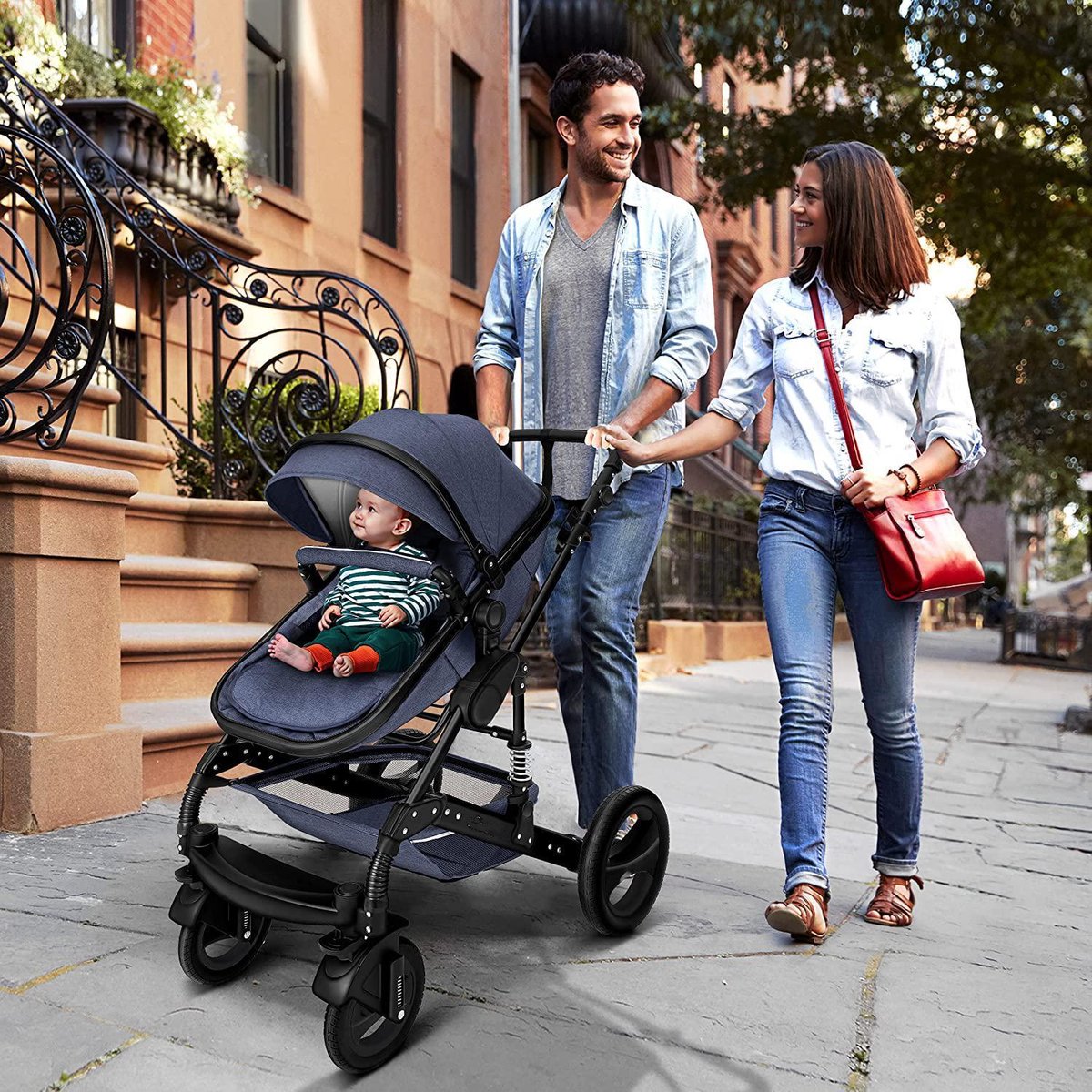 Kinderwagen 3 in 1 met Luiertas Blauw/Zwart - afbeelding 2