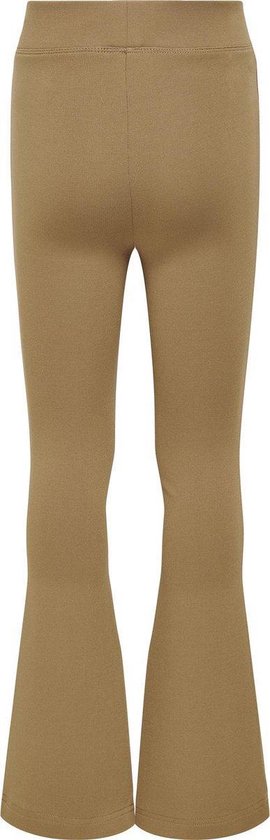 Achterkant van een beige flared broek met elastische tailleband.