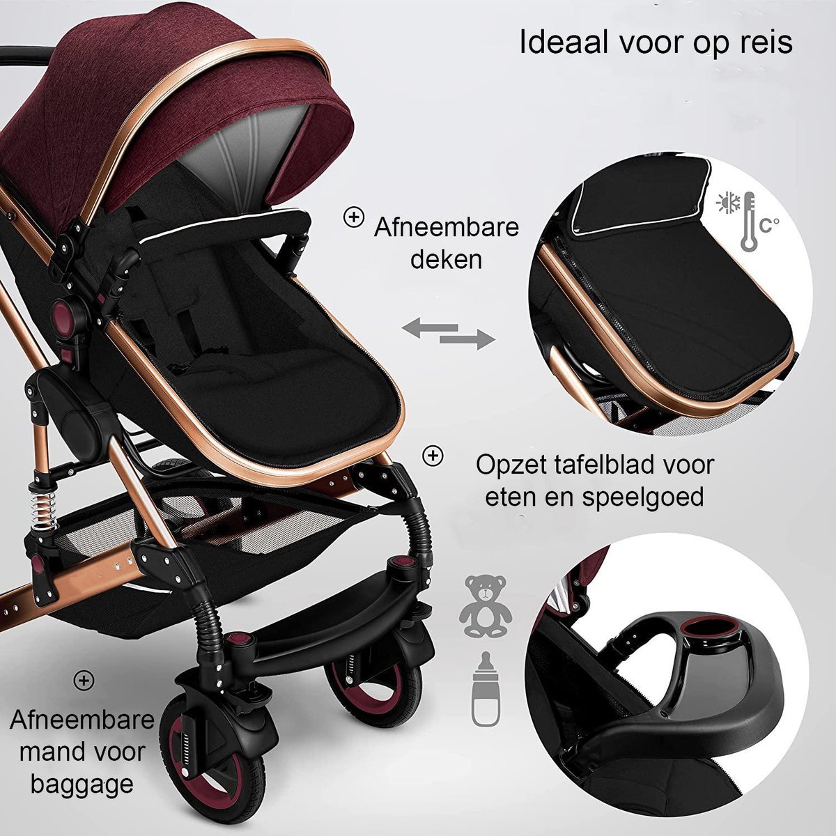 Kinderwagen 3 in 1 met Luiertas - Bordeaux/Goud - afbeelding 2