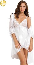 Dames satijn Pyjama Nachtkleding | 2-delige set | Gewaad | Sexy Lingerie | Nachtjapon | Elegant satijn Ochtendjas | Nachtjurk | Nachthemd | WİT | Maat L