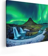 Artaza Canvas Schilderij Noorderlicht bij de Watervallen in IJsland - 50x40 - Foto Op Canvas - Canvas Print