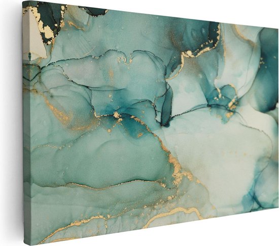 Artaza Canvas Schilderij Abstracte Kunst - Blauwe Marmer met Goud - 90x60 - Foto Op Canvas - Canvas Print