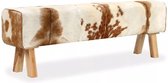 Bankje - echt geitenleer - 100% leder - geitenhuid - uniek product - bruin met wit - stoere uitstraling - halbankje - vintage - duurzaam - houten poten - retro - massief mangohout