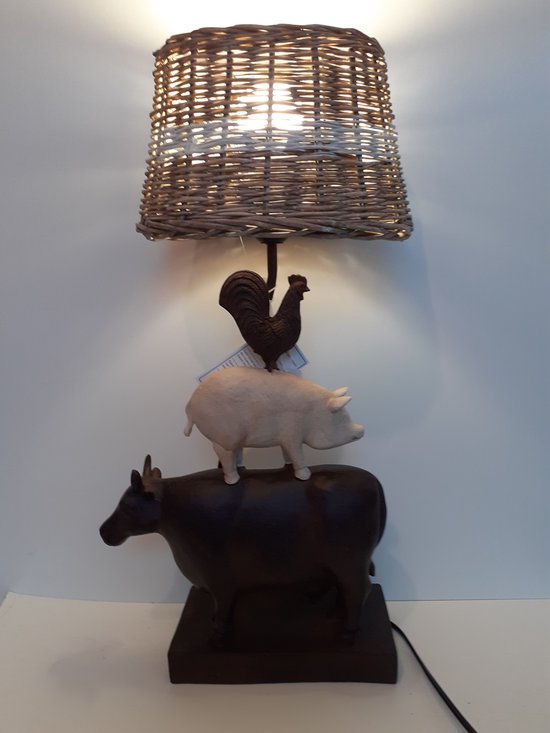 Statue de vache vache cochon et poulet l'un sur l'autre comme lampe de table avec abat-jour et lampe Clayre&Eef 58x28x22 cm