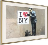 Ingelijste Poster - Banksy: I Heart NY, Goudkleurige lijst met passe-partout