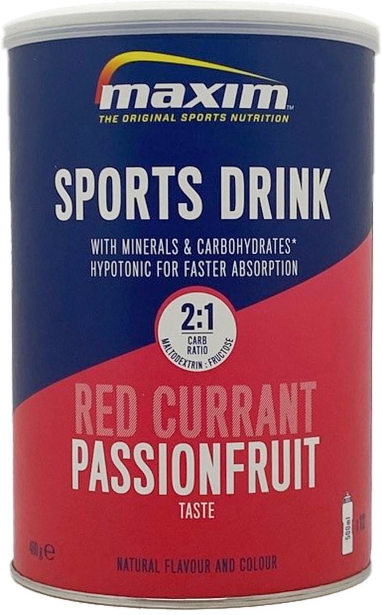 Maxim Sports Drink Red Currant Passion Fruit taste - 2 x 480g - Hypotone sportdrank met optimale koolhydraatverhouding en extra elektrolyten - Ideale sportdrank en dorstlesser voor, tijdens en na het sporten - Makkelijk oplosbaar