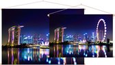 Neon verlichting in de nachtelijke skyline van Singapore  - Foto op Textielposter - 45 x 30 cm