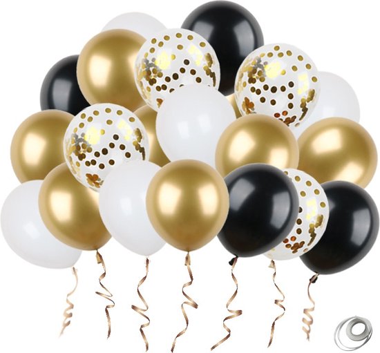 GBG 40 stuks Goud Zwarte Ballonnen met Lint – Decoratie – Feestversiering - Papieren Confetti – Gold - Black - Gold Latex - Black Latex - Verjaardag - Bruiloft - Feest