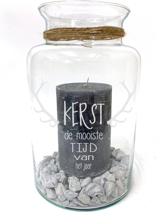 Windlicht/Vaas met QUOTE gravure KERST de mooiste tijd van het jaar. Zonder kaars en stenen. Decoratie voor Kerst. Het formaat is 30cm, 16cm doorsnede.