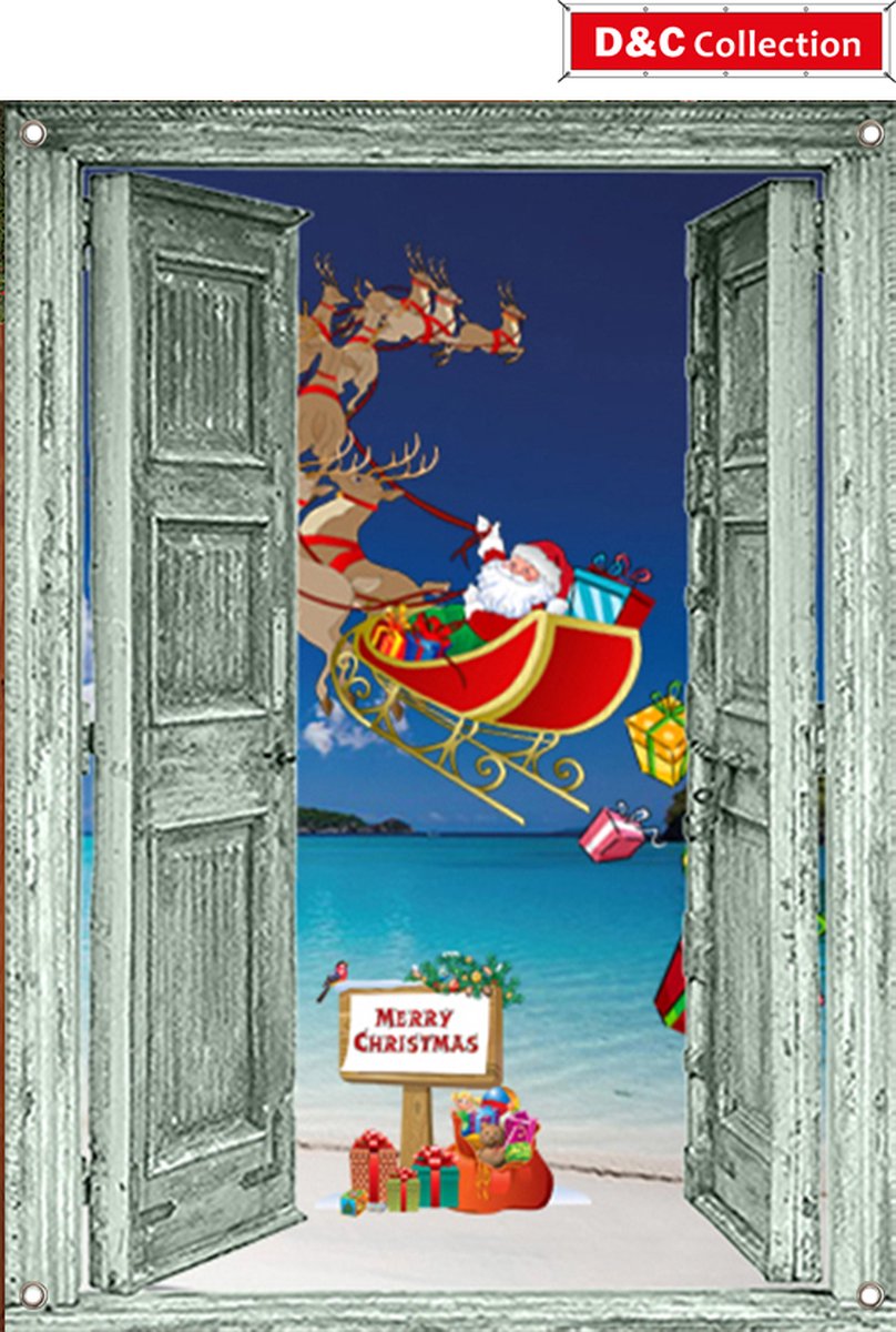 D&C Collection - tuinposter - 65 x 90 cm - groene deuren kerstslee strand - kerstposter - winterposter - kerstdecoratie