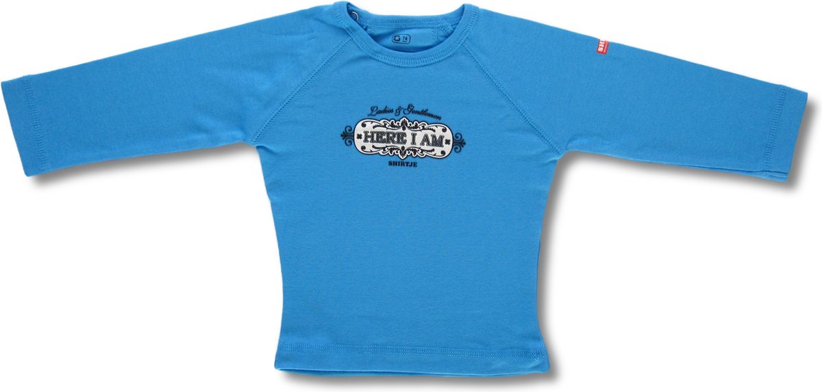 Twentyfourdips | T-shirt lange mouw baby met print 'Here I am' | Blauw | Maat 68 | In giftbox