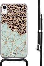 iPhone XR hoesje met koord - Luipaard marmer mint | Apple iPhone XR crossbody case | Zwart, Transparant | Luipaardprint