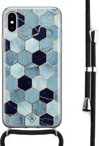 iPhone X/XS hoesje met koord - Blue cubes | Apple iPhone Xs crossbody case | Zwart, Transparant | Marmer
