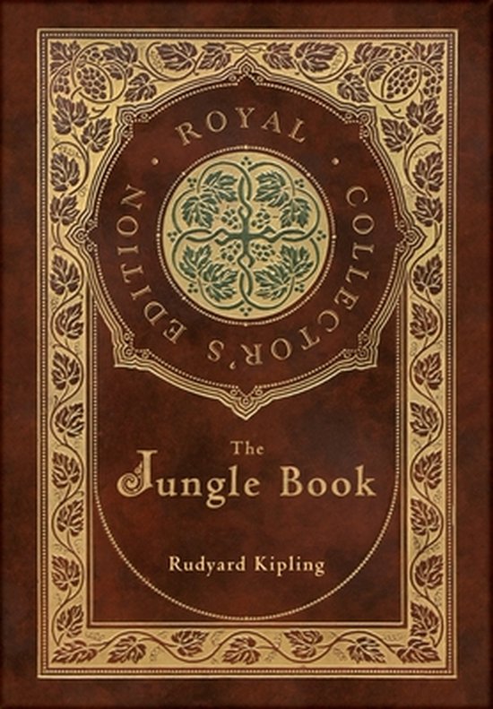 Édition reliée en cuir marron de luxe de "The Jungle Book" par Rudyard Kipling, avec ornements dorés et texte "Royal Collector's Edition".