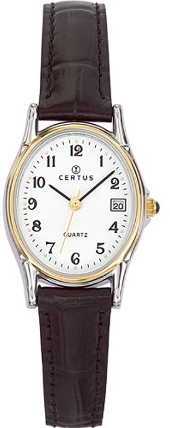 Certus-Duidelijk dames horloge-Datumaanduiding-Zwart lederen band-Bicolor.