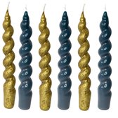 Set van 6 Gedraaide Kaarsen – Spiral kaarsen – Twisted kaarsen – Dinerkaarsen - Goud - Zeegroen