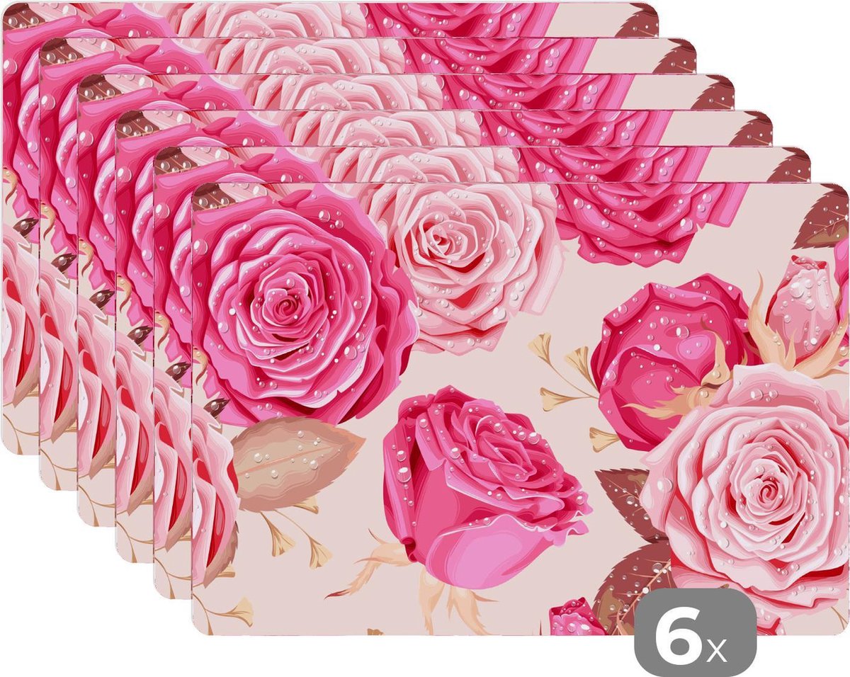 Placemat - Placemats kunststof - Rozen - Bloemen - Druppels - 45x30 cm - 6 stuks - Hittebestendig - Anti-Slip - Onderlegger - Afneembaar