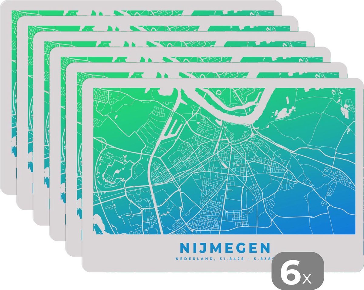 Placemat - Placemats kunststof - Stadskaart - Nijmegen - Nederland - Blauw - 45x30 cm - 6 stuks - Hittebestendig - Anti-Slip - Onderlegger - Afneembaar
