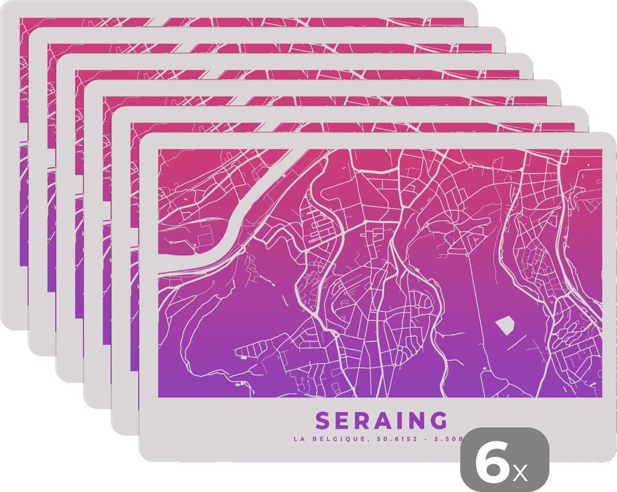 Placemat - Placemats kunststof - Stadskaart - Seraing - Paars - België - 45x30 cm - 6 stuks - Hittebestendig - Anti-Slip - Onderlegger - Afneembaar