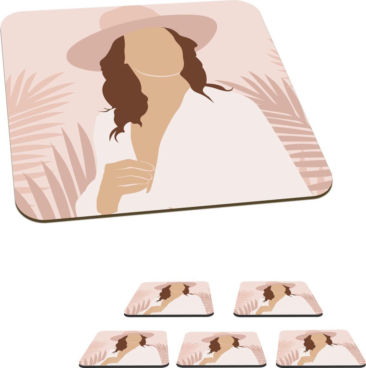 Onderzetters voor glazen - Vrouw - Hoed - Bladeren - 10x10 cm - Glasonderzetters - 6 stuks