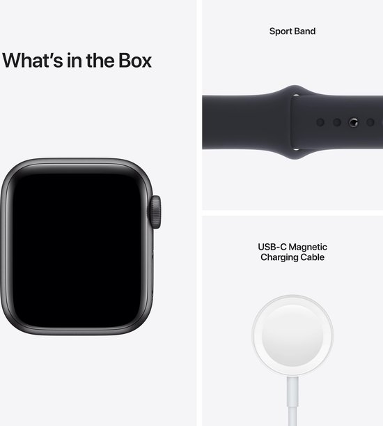 Wat zit er in de doos: een ruimtegrijze Apple Watch, een sportband en een USB-C magnetische oplaadkabel.