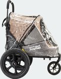 Beige en grijze hondenbuggy met transparante regenhoes en grote luchtbanden.