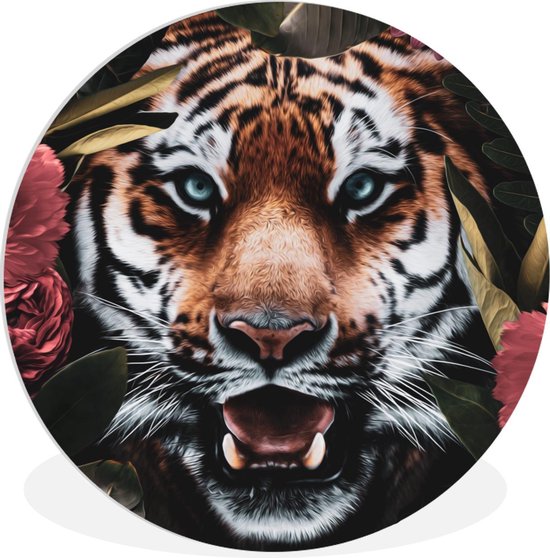 WallCircle - Tableau - Tiger Fleurs Jungle - Multicolore - 150 X 150 Cm