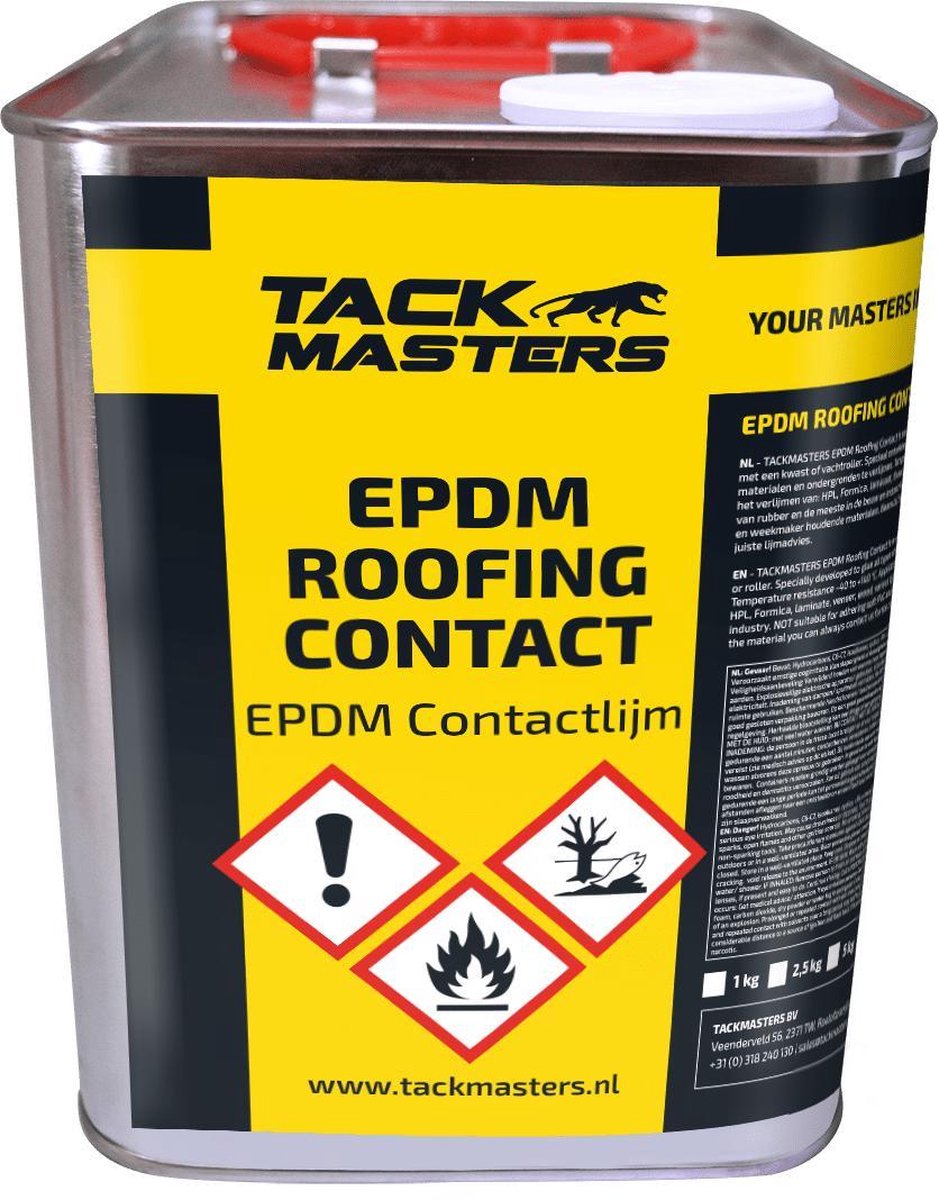 Tackmasters - EPDM contactlijm - 1 Liter Blik - EPDM roofing contact - EPDM - EPDM dak - EPDM folie - Europees EPDM - Amerikaans EPDM - Lijm - Daklijm - Contactlijm - Contactlijm in blik - 3,5 m2 per Liter - Dubbelzijdig gelijmd