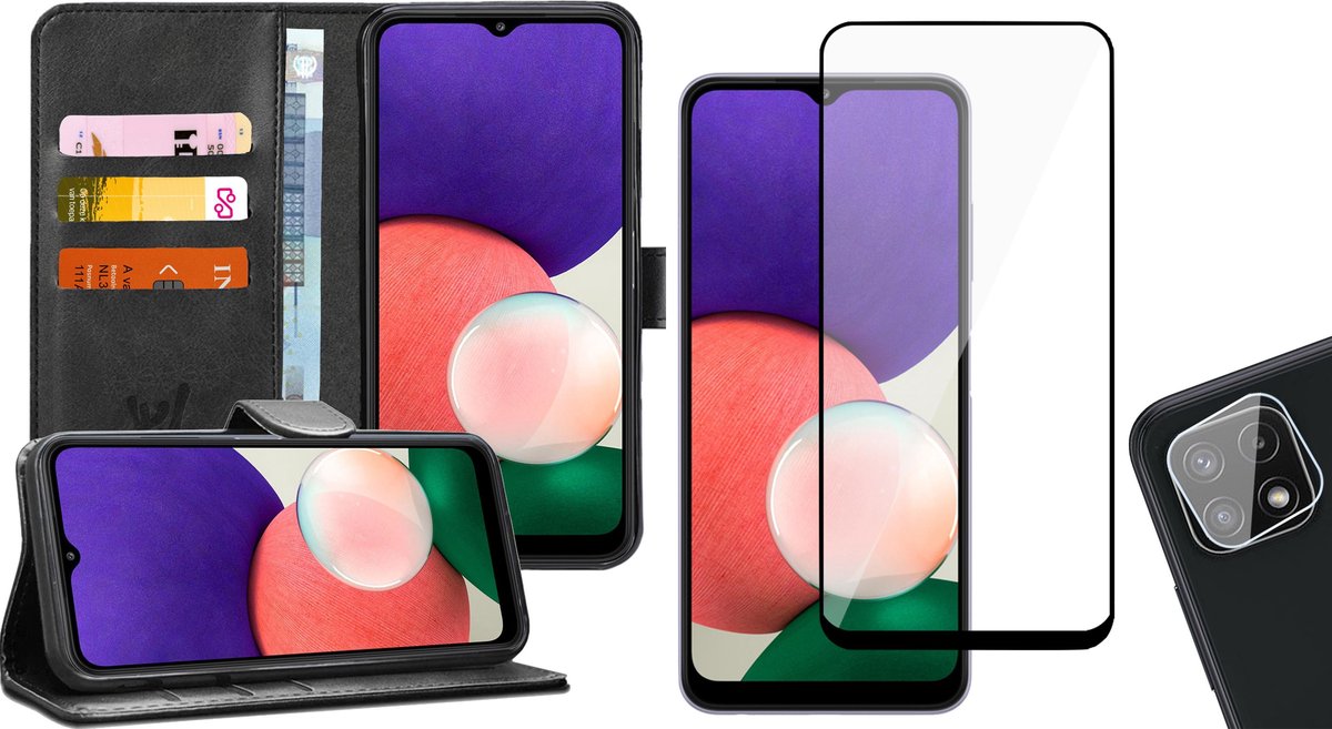 Hoesje geschikt voor Samsung Galaxy A22 5G - Bookcase Zwart - Full Screenprotector - Camera Screen Protector - Portemonnee Hoesje