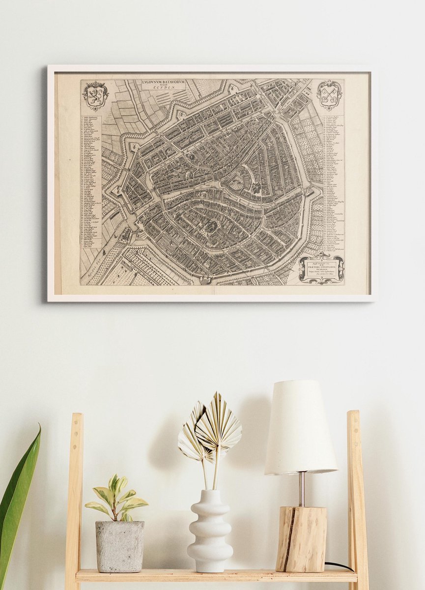 Esque Poster In Witte Lijst - Historische Oude Kaart Leiden 1652 - Stadsplattegrond - Large 50x70