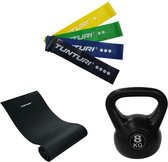 Tunturi - Fitness Set - Kettlebell 8 kg - Fitnessmat 160 x 60 x 0,7 cm - Weerstandsbanden 4 stuks