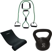 Tunturi - Fitness Set - Kettlebell 12 kg - Fitnessmat 160 x 60 x 0,7 cm - Tubing Set Groen
