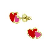 Joy|S - Zilveren hartje oorbellen - 9 x 6 mm - rood roze hartjes - 14k goudplating