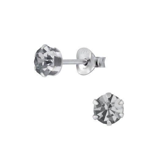 Joy|S - Zilveren rond oorknoppen - 5 mm - kristal black diamond grijs