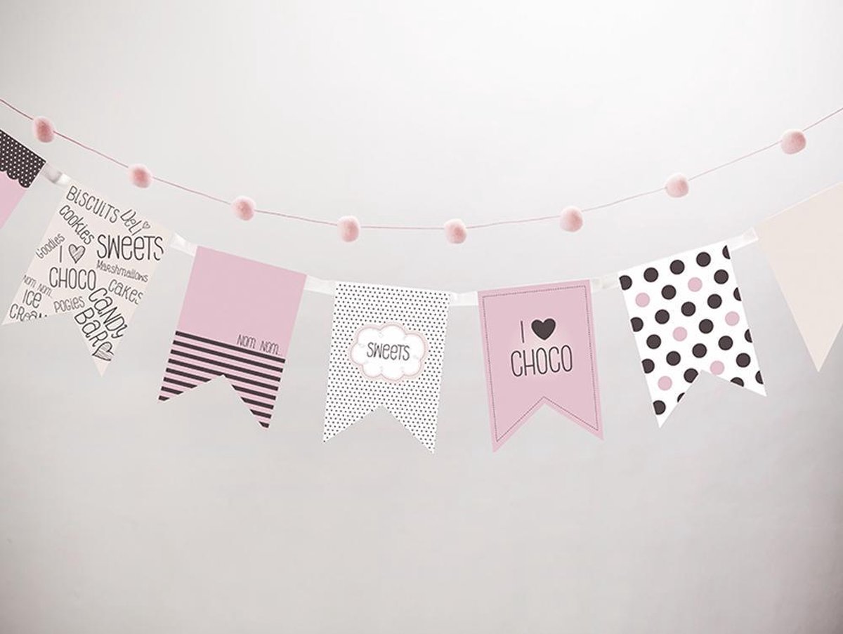 VLAGGENLIJN MET STIPPEN ROZE ZWART WIT - PARTY DECO - 192Cm - VLAGGETJES DOTS