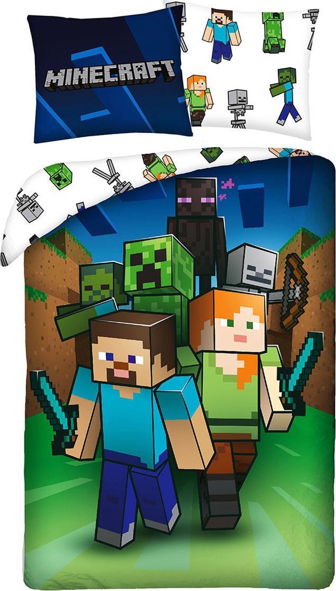 Housse de couette Minecraft - 140 x 200 cm - 100% polyester - taie  d'oreiller 63 x 63