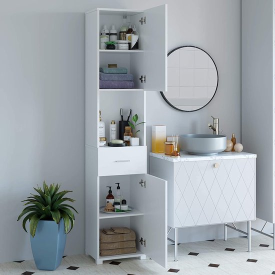 Armoire de salle de bain Armoire haute 2 Portes 1 tiroir 1 étagère
