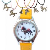 Horloge-Paard-Geel-Leer-Ketting met paard hanger-Extra Batterij-Charme Bijoux