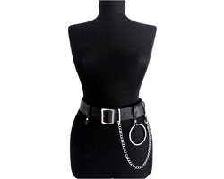 Nooitmeersaai - Harnas Vrouw - Leer - Brede Riem Met Ring en Ketting - Zwart - BDSM Extreme - Bondage Harnas