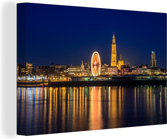 Canvas Schilderij Skyline - Antwerpen - Nacht - 120x80 cm - Wanddecoratie