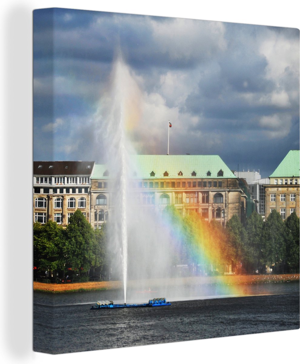 Canvas Schilderij Fontein met regenboog - 20x20 cm - Wanddecoratie