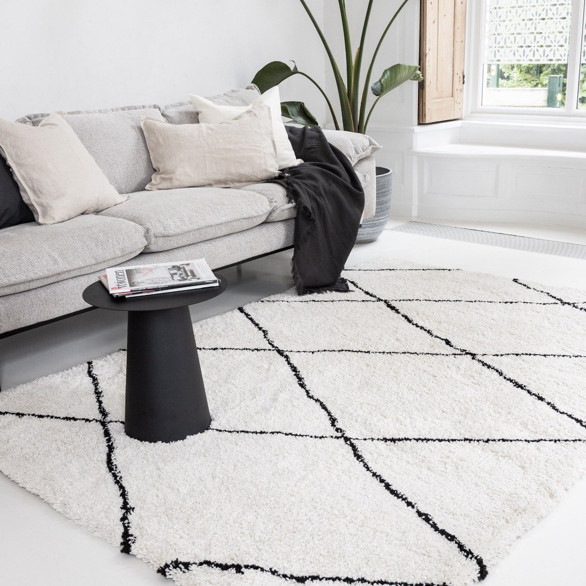 berber vloerkleed hoogpolig wit/zwart - scandinavisch - nea - 200 x 290 cm - (L)