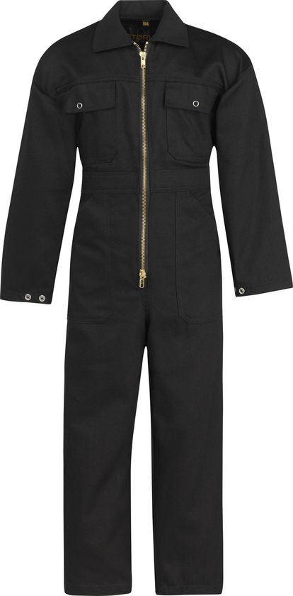 Combinaison noire pour enfant à manches longues, col, poches et fermeture éclair, vue de face.